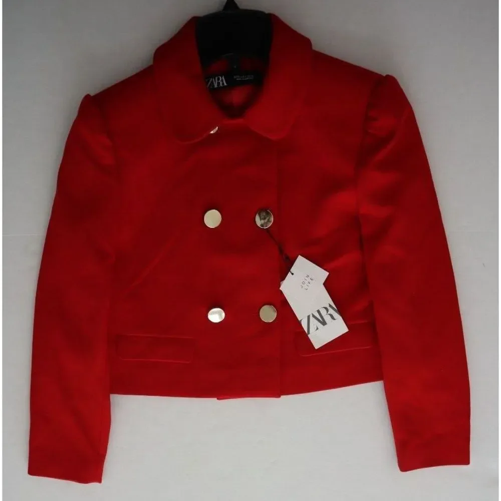 ZARA 8381/773/601 Women's Sz Small Red Cropped Peter Pan Collar Blazer $90 - Picture 5 of 6